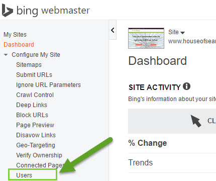 bing webmaster tools select users