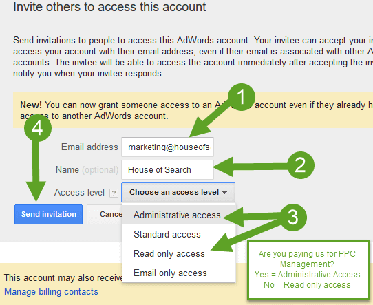 adwords access enter email and send invite